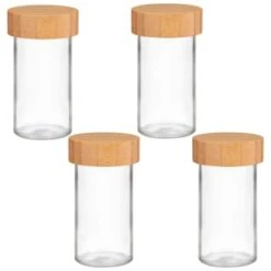 B&M Set Of 4 Glass Spice Jars With Bamboo Wood Base -Home Haven Shop 394437 set of 4 glass spice jars with bamboo wood lid and base group